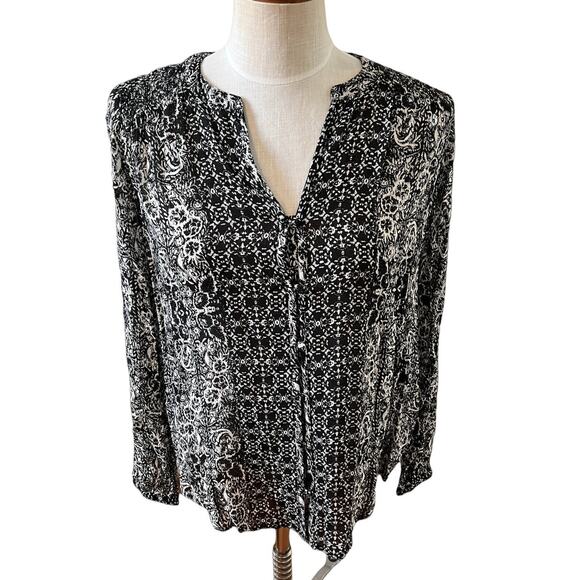 Lucky Brand Boho Print long sleeve Top Black White - Picture 1 of 5